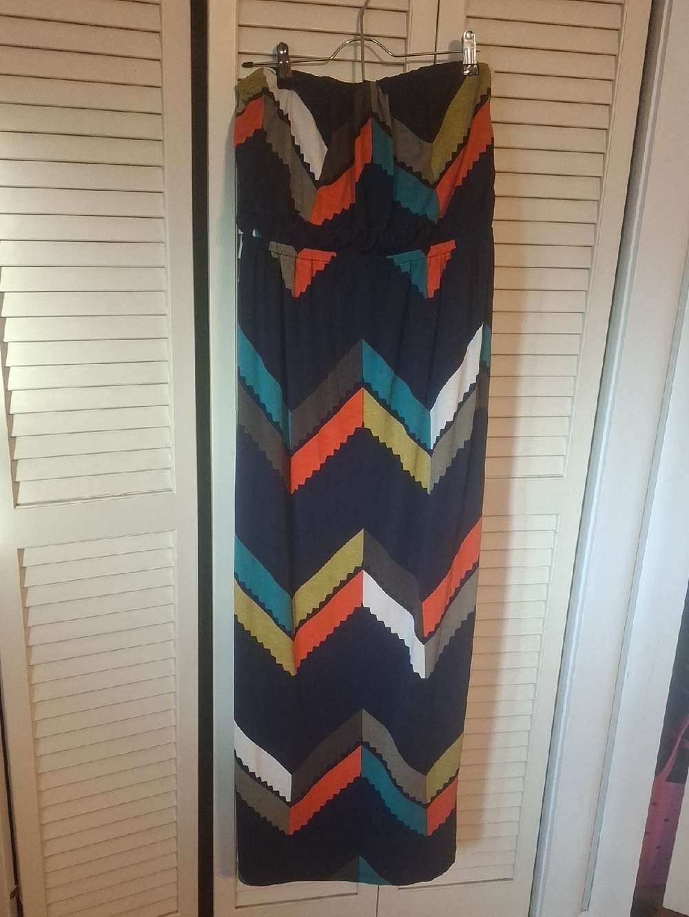 Navy Chevron Strapless Maxi Dress with Multi-Color Zigzag